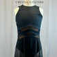 Black high neck leotard with nude accents and mesh shorts attached