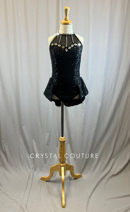 Black sequin high neck leotard with short skirt attached -Rhinestones