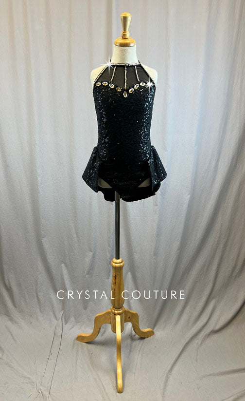 Black sequin high neck leotard with short skirt attached -Rhinestones