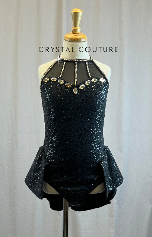 Black sequin high neck leotard with short skirt attached -Rhinestones