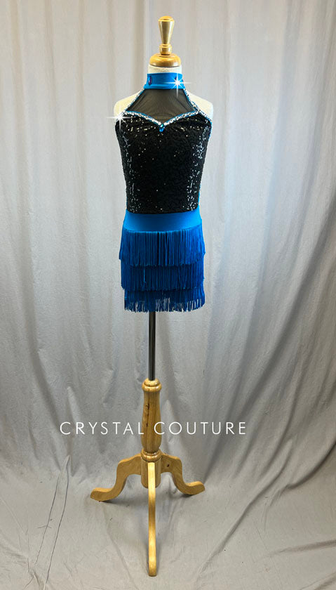 Black and capri blue sequin biketard with capri blue fringe skirt -Rhinestones