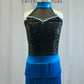 Black and capri blue sequin biketard with capri blue fringe skirt -Rhinestones