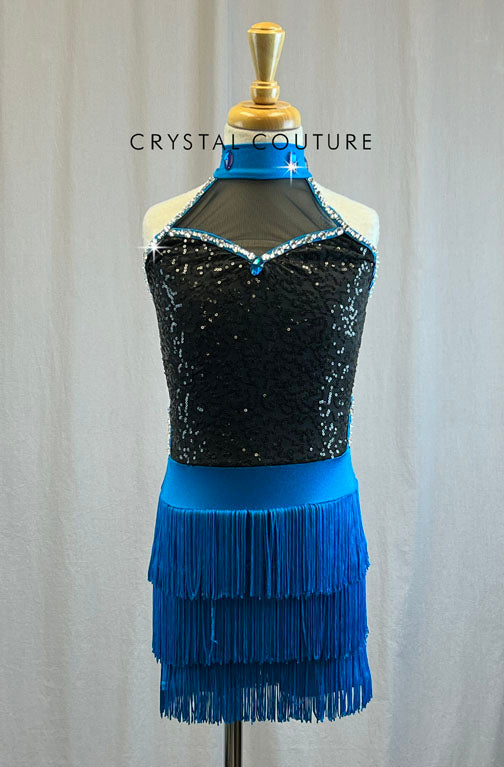 Black and capri blue sequin biketard with capri blue fringe skirt -Rhinestones