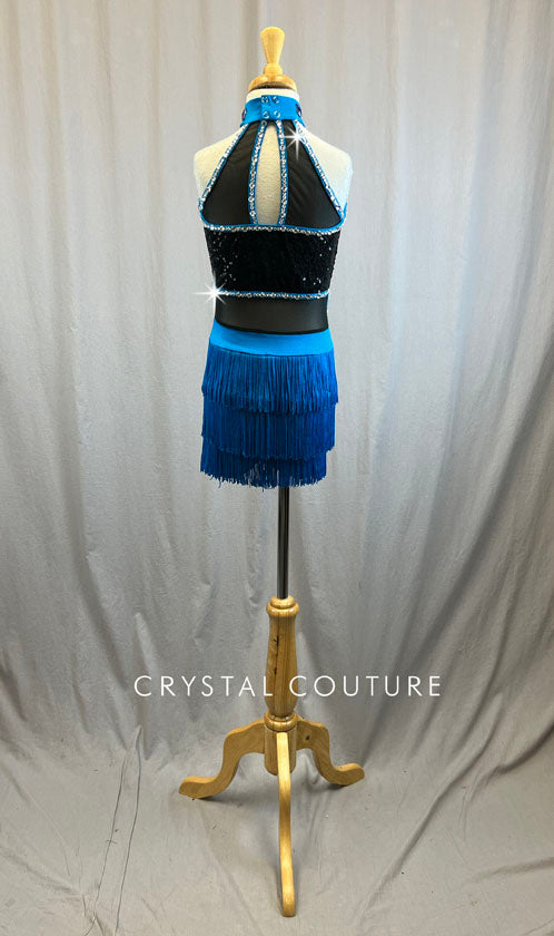 Black and capri blue sequin biketard with capri blue fringe skirt -Rhinestones