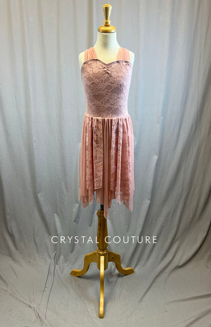 Rose lace and mesh lyrical dress with full handkerchief skirt