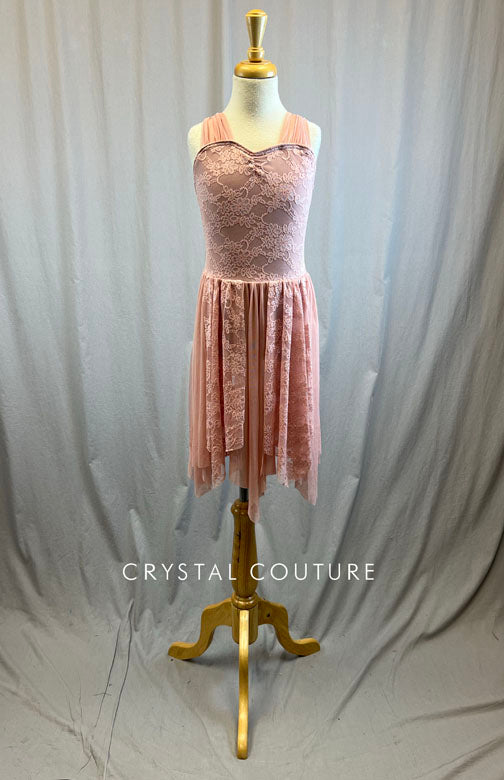 Rose lace and mesh lyrical dress with full handkerchief skirt