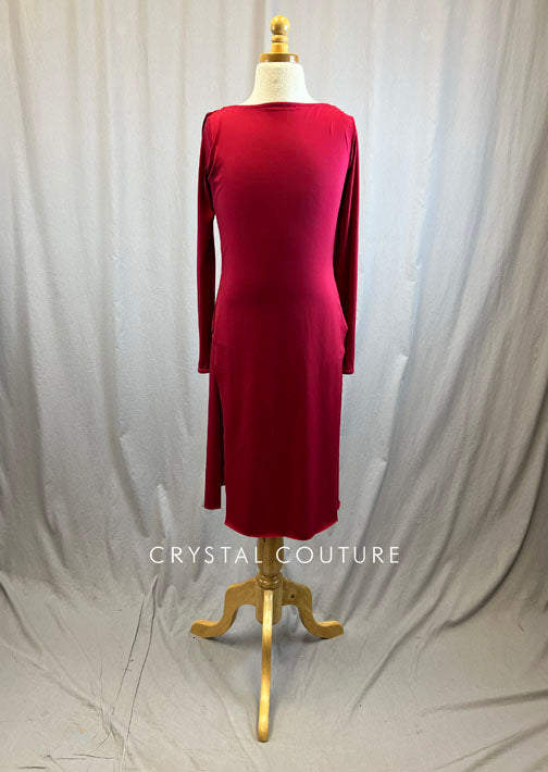 Dark red long sleeve slit dress with scoop neck back