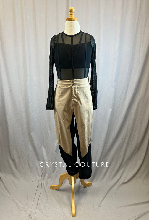 Black mesh leotard with black and khaki hip hop pant.