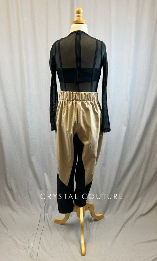 Black mesh leotard with black and khaki hip hop pant.