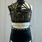 Black and gold sequin mock neck set with black applique embellishment. -Rhinestones
