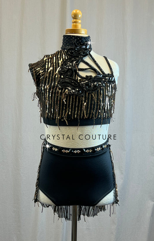 Black and gold sequin mock neck set with black applique embellishment. -Rhinestones