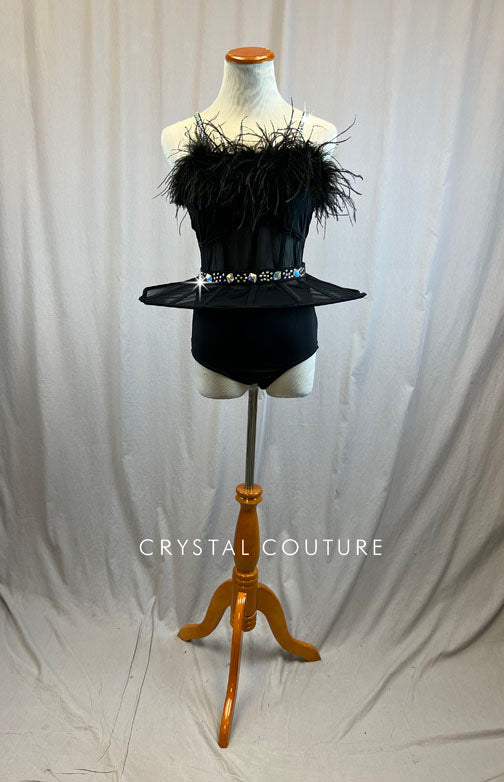 Black caged waist leotard with feathers and peplum skirt -Rhinestones