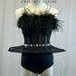 Black caged waist leotard with feathers and peplum skirt -Rhinestones