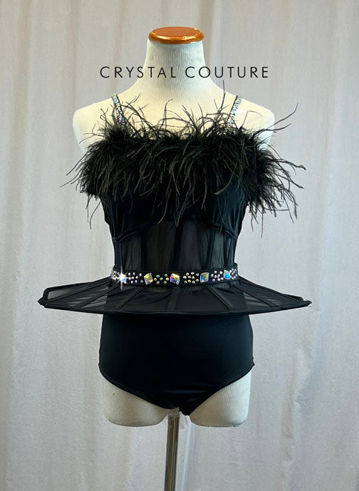 Black caged waist leotard with feathers and peplum skirt -Rhinestones