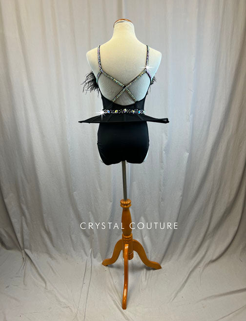 Black caged waist leotard with feathers and peplum skirt -Rhinestones