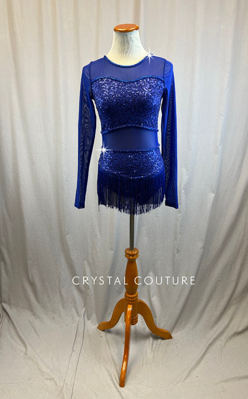 Dark sapphire long sleeve mesh and sequin dress with fringe. -Rhinestones