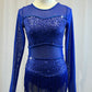 Dark sapphire long sleeve mesh and sequin dress with fringe. -Rhinestones