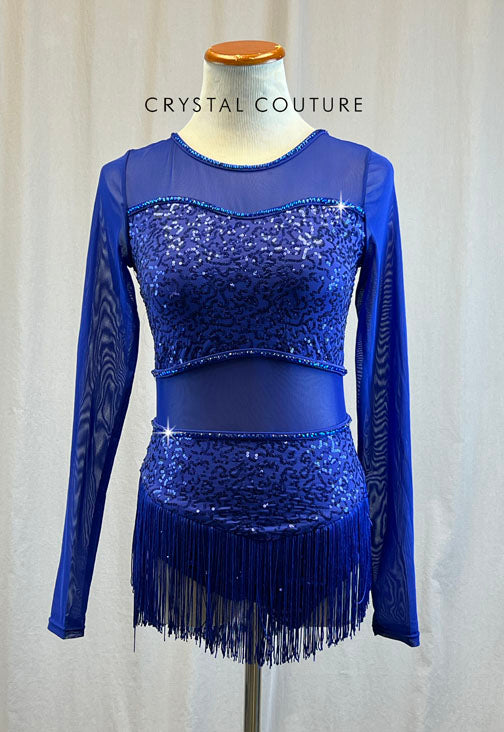 Dark sapphire long sleeve mesh and sequin dress with fringe. -Rhinestones