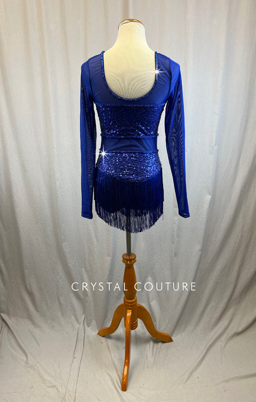 Dark sapphire long sleeve mesh and sequin dress with fringe. -Rhinestones