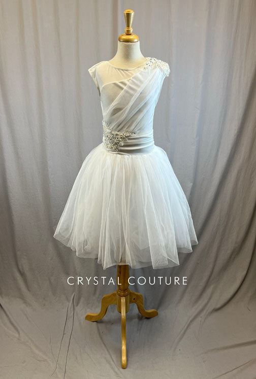White Tulle and Velvet Ballet Dress with Applique