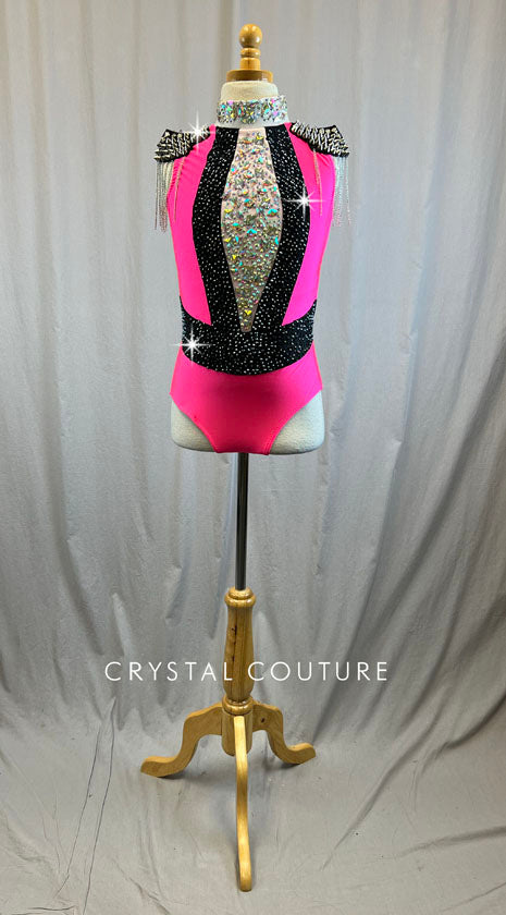 Hot Pink and Black Leotard with Epaulets - Rhinestones