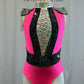 Hot Pink and Black Leotard with Epaulets - Rhinestones