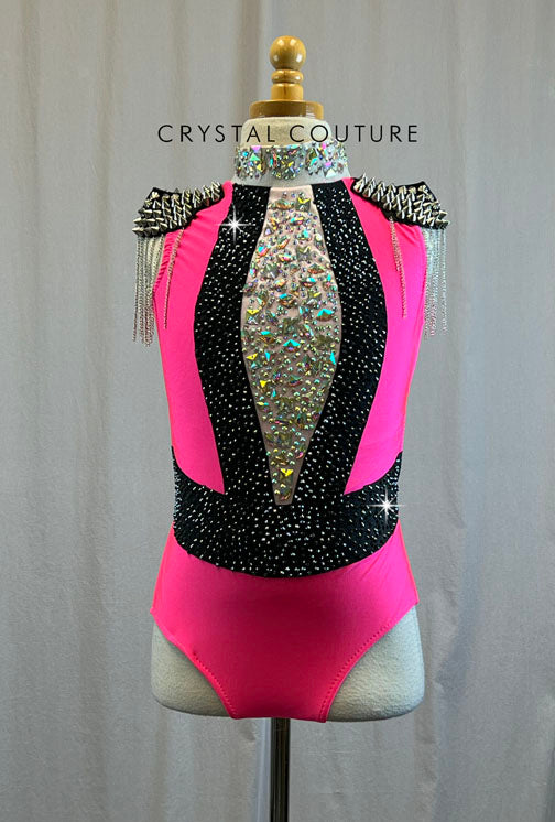 Hot Pink and Black Leotard with Epaulets - Rhinestones