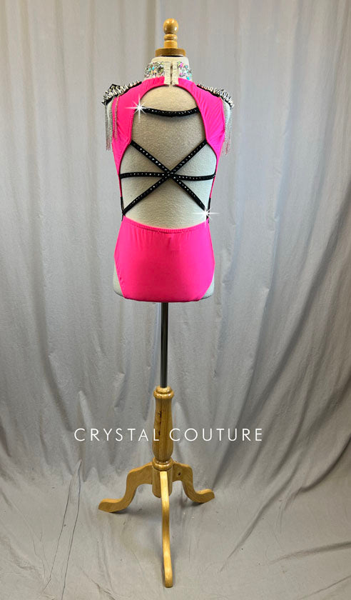 Hot Pink and Black Leotard with Epaulets - Rhinestones