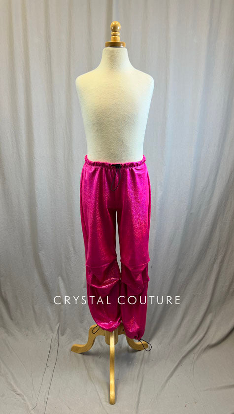 *Brand New* Hot Pink Metallic Joggers with Black Drawstring on Pant Bottom and Waistband