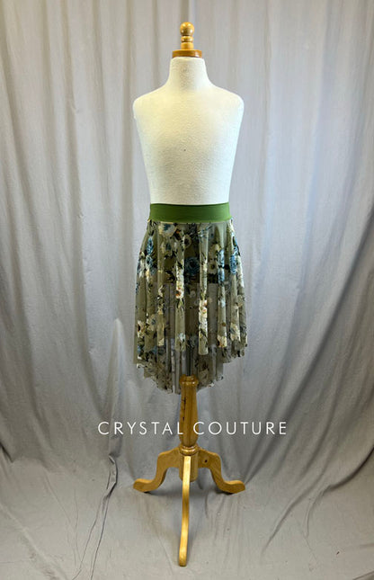 *Brand New* Moss Green Floral Asymmetrical Mesh Skirt