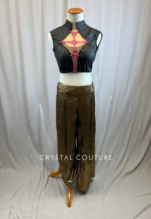 Black Pleather Crop Top with Metallic Gold Wide Leg Pants