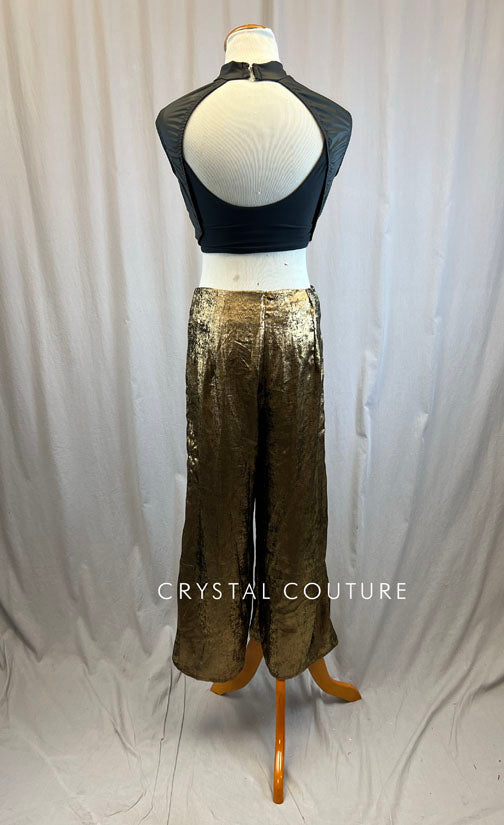 Black Pleather Crop Top with Metallic Gold Wide Leg Pants
