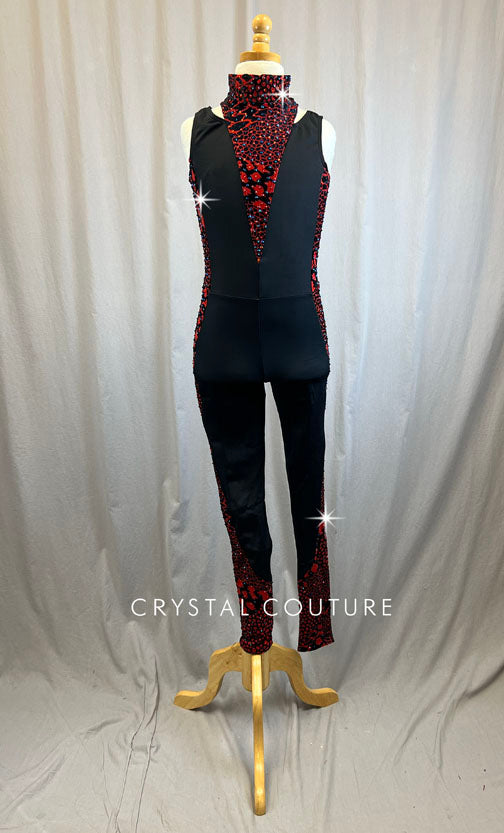 Black Mock Neck Sleeveless Unitard with Red and Black Giraffe Print Accents -Rhinestones