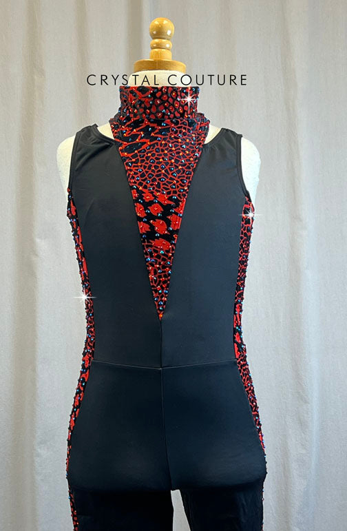 Black Mock Neck Sleeveless Unitard with Red and Black Giraffe Print Accents -Rhinestones