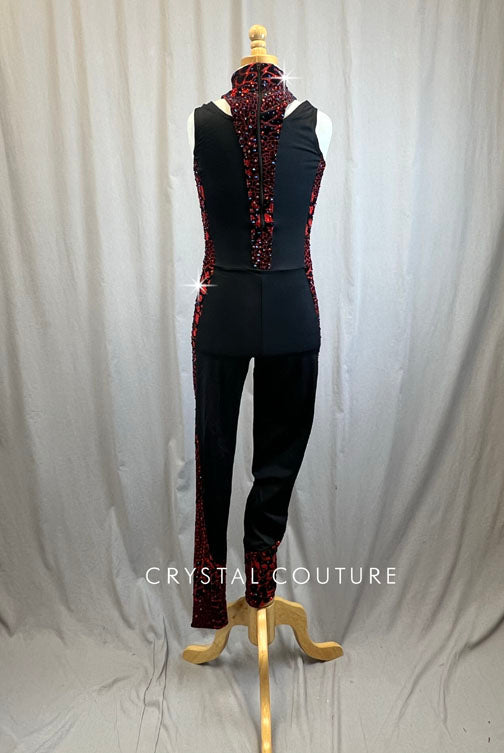 Black Mock Neck Sleeveless Unitard with Red and Black Giraffe Print Accents -Rhinestones