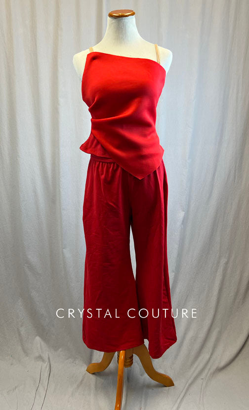 Red Asymmetrical Top and Wide Leg Pant Set