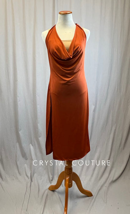 Burnt Orange Scoop Neck High Slit Dress