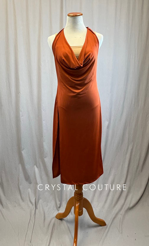 Burnt Orange Scoop Neck High Slit Dress