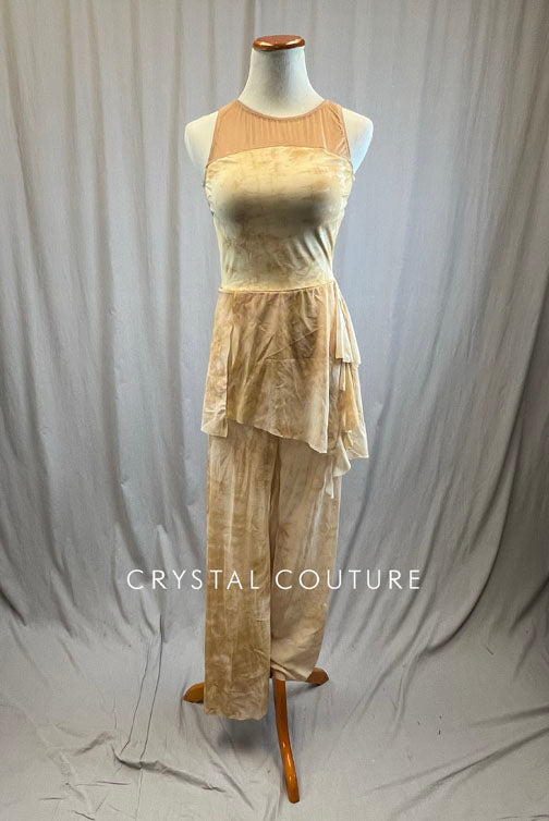 Ivory and Tan Marble Mesh Unitard with Attached Skirt