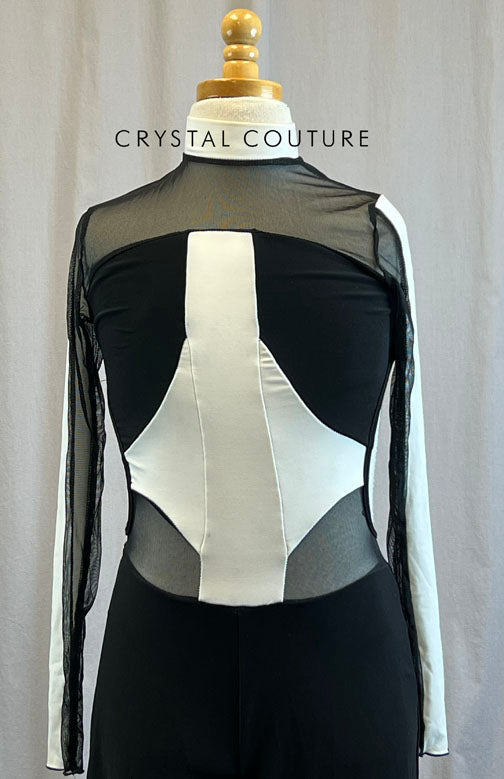 Black and White Unitard with Black Mesh Inserts