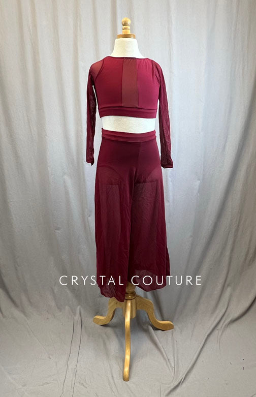 Maroon Lycra and Mesh Two Piece