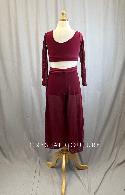Maroon Lycra and Mesh Two Piece