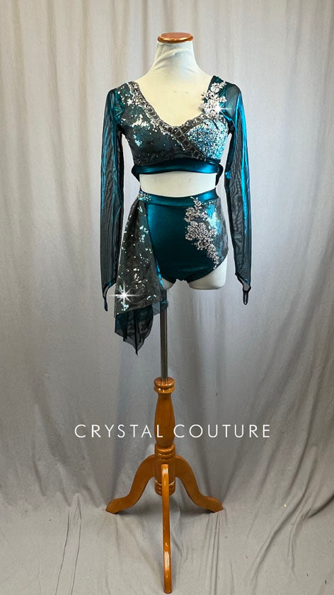 Custom Metallic Dark Teal and Gray Top and Attached Brief with Sequin Skirt -Rhinestones, Appliques