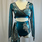 Custom Metallic Dark Teal and Gray Top and Attached Brief with Sequin Skirt -Rhinestones, Appliques