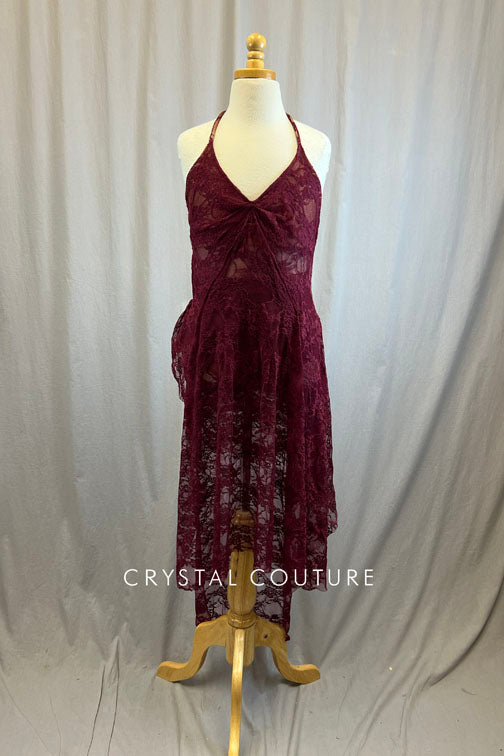 Custom Maroon High Slit Long Lace Dress with Briefs