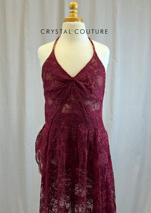 Custom Maroon High Slit Long Lace Dress with Briefs