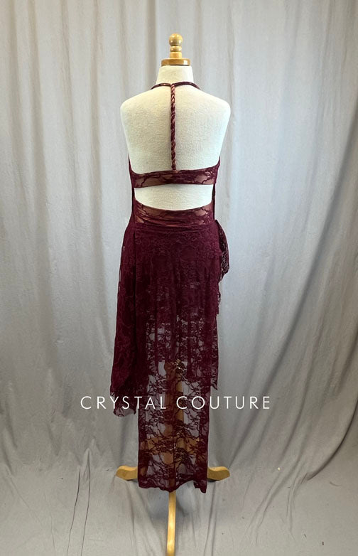 Custom Maroon High Slit Long Lace Dress with Briefs