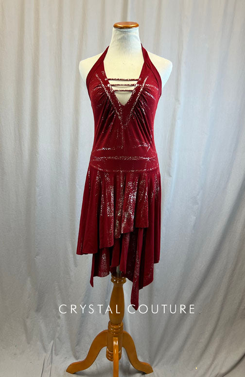 Dark Red Halter Neck Handkerchief Dress with Silver Splatter