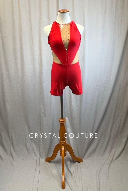 Red Criss Cross Strappy Back and Nude Mesh Biketard -Rhinestones