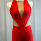 Red Criss Cross Strappy Back and Nude Mesh Biketard -Rhinestones